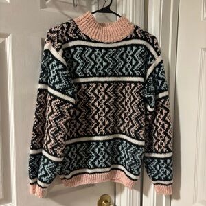 Vintage Patterned Tight Knit Sweater - Black, Pink, and Green Size Small